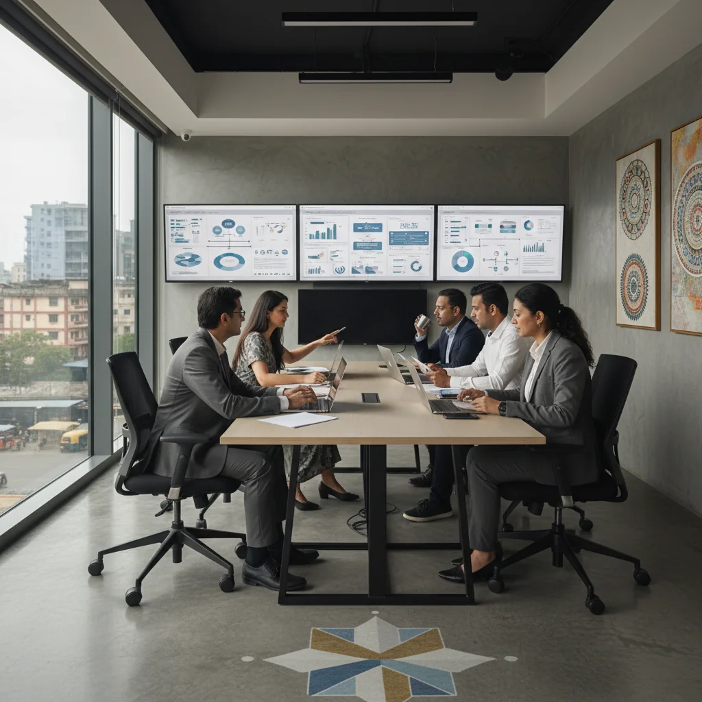 A photorealistic image of a diverse team of Indian professionals in a modern corporate office in India, collaborating on quality assurance processes. They are reviewing charts and data on computers and whiteboards, symbolizing assurance and control in business documentation, with Indian cultural elements like traditional attire mixed with business suits in the background. No children are present in the image.