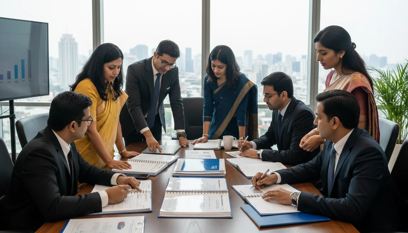 Indian corporate team discussing QA documents