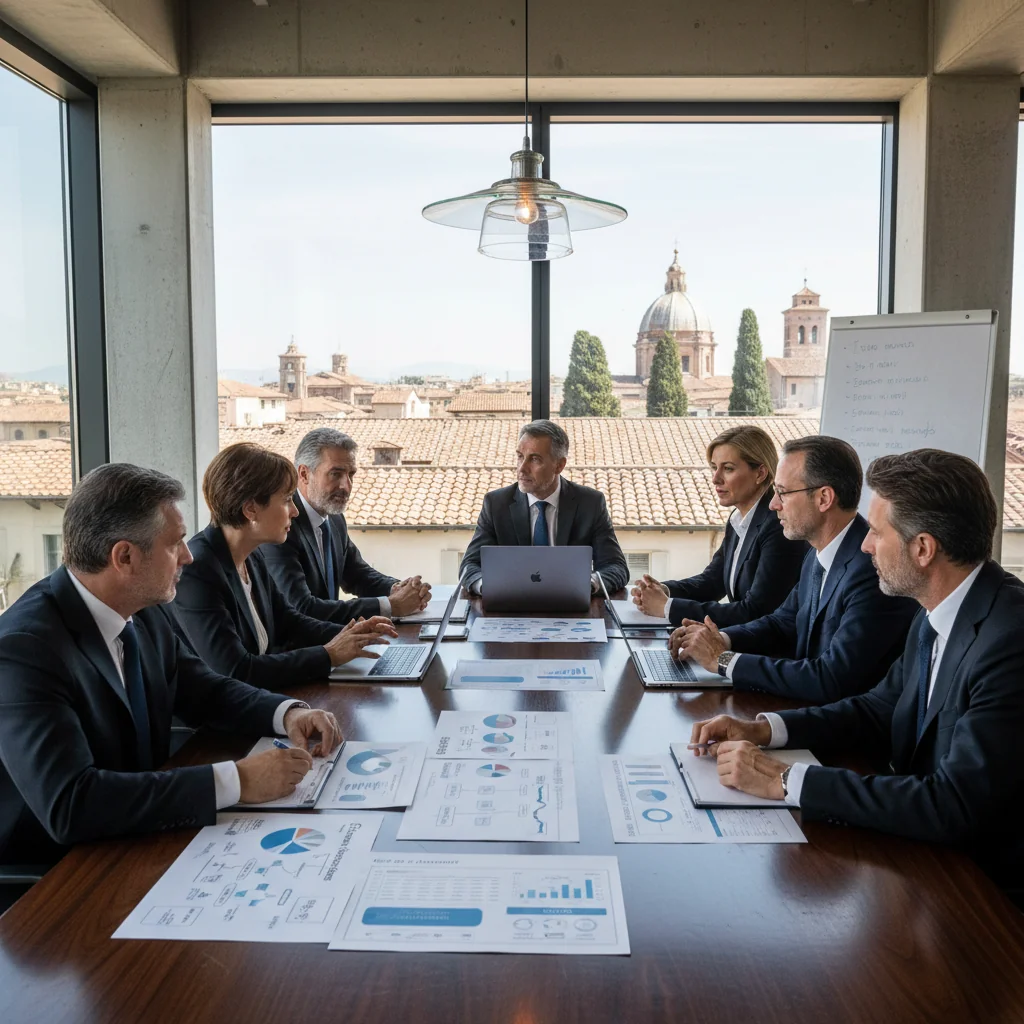 A photorealistic image of a professional business meeting in a modern Italian corporate office, with adults in business attire discussing quality management strategies around a conference table, evoking the essence of corporate quality documentation and compliance in Italy, no children present.