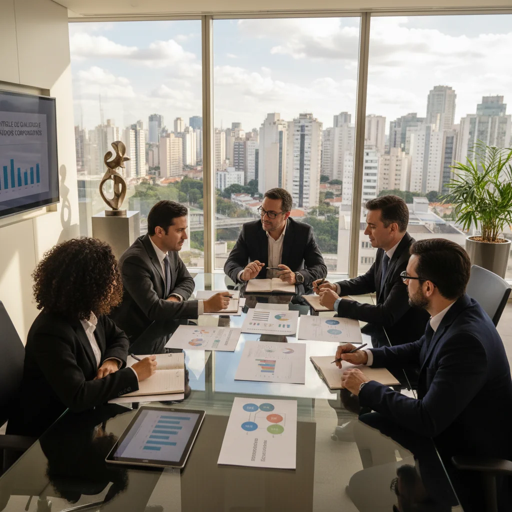 A photorealistic image of a professional business meeting in a modern Brazilian corporate office, with adults in business attire reviewing quality assurance charts and documents on a table, symbolizing the guarantee of quality in corporate practices, no children present.