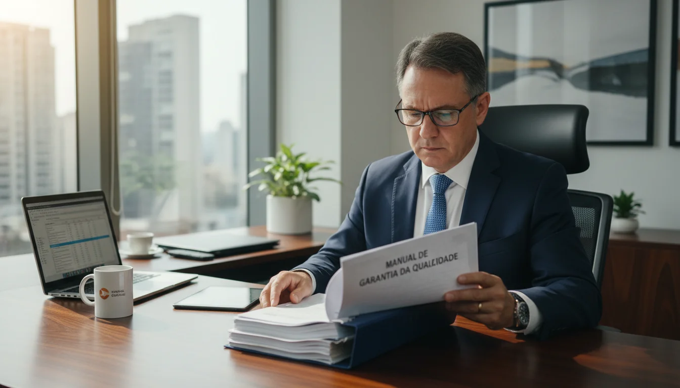 Brazilian business professional reviewing quality manual