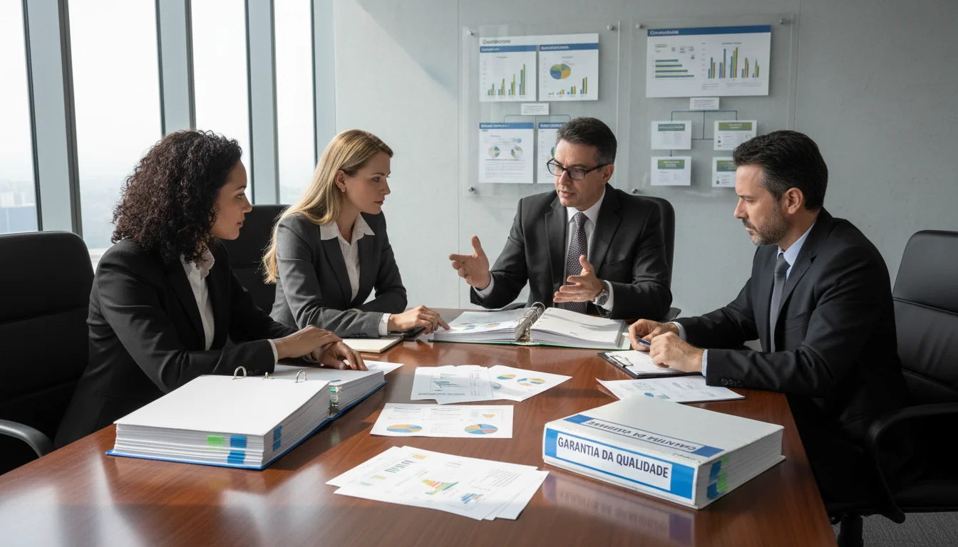 Corporate team discussing quality assurance documents