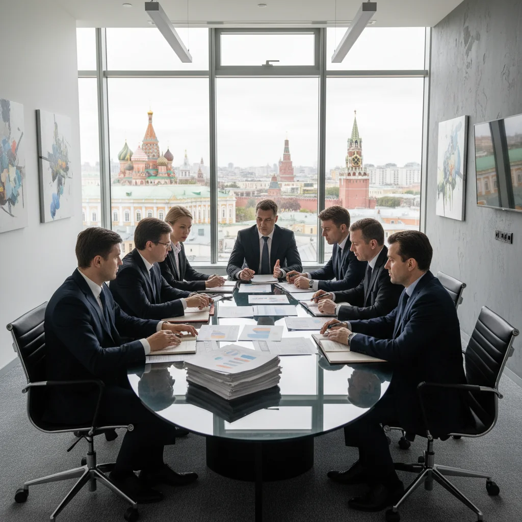 A professional corporate office environment in Russia, featuring business professionals in suits discussing documents at a modern conference table, with subtle Russian architectural elements in the background, symbolizing quality and compliance in corporate documentation.