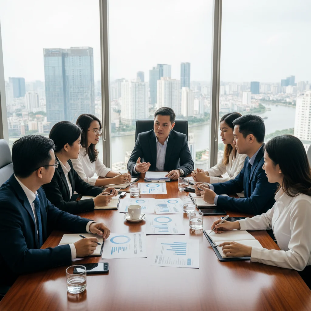 A photorealistic image of a professional Vietnamese business meeting in a modern office, where diverse adults are reviewing quality assurance reports on a table, symbolizing corporate document management and compliance in Vietnam. The scene conveys trust, precision, and professionalism without showing any documents directly.
