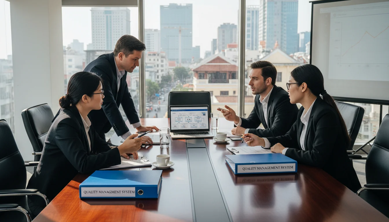 Team discussing corporate quality standards in meeting