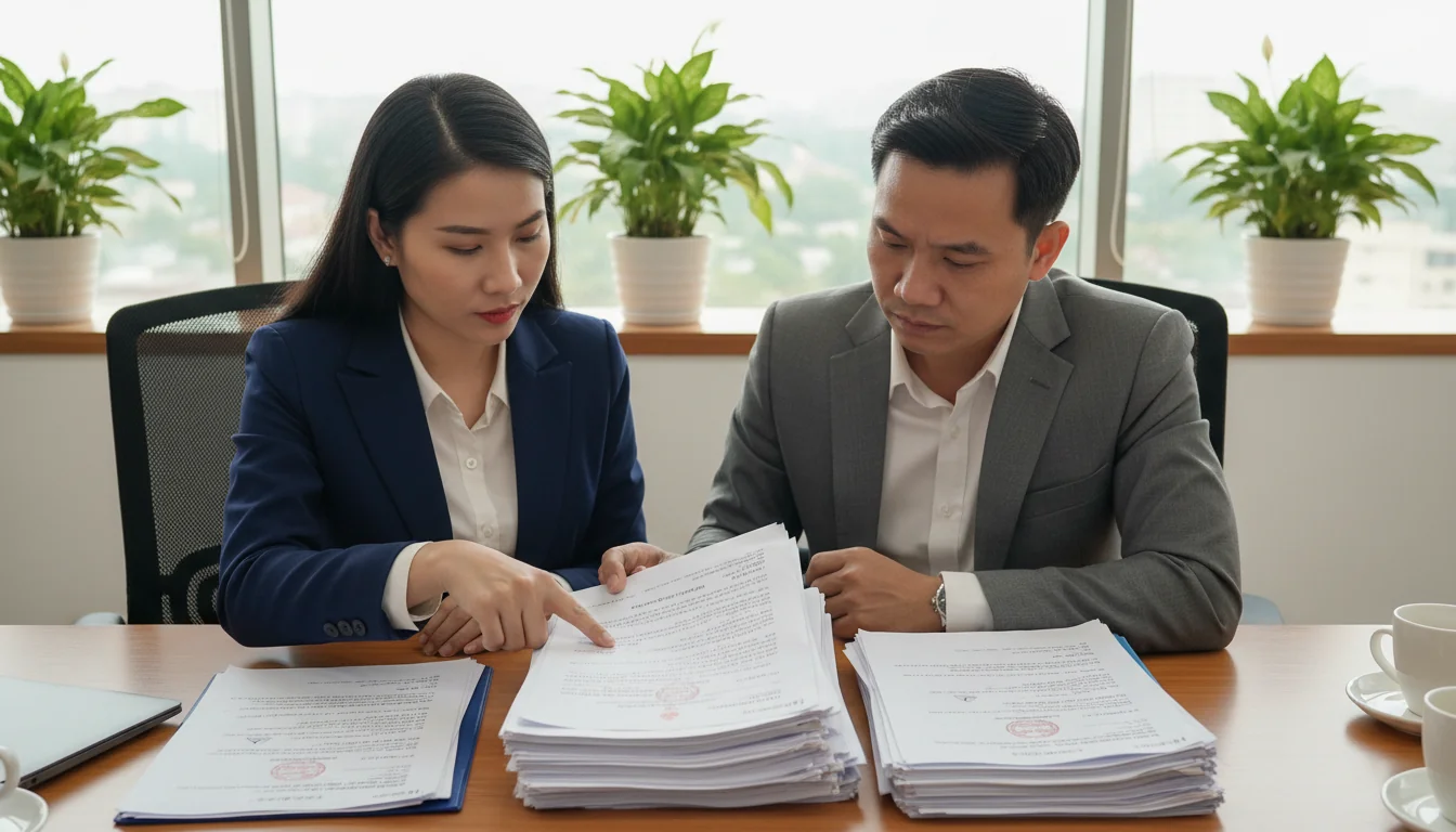 Vietnamese office workers reviewing quality documents