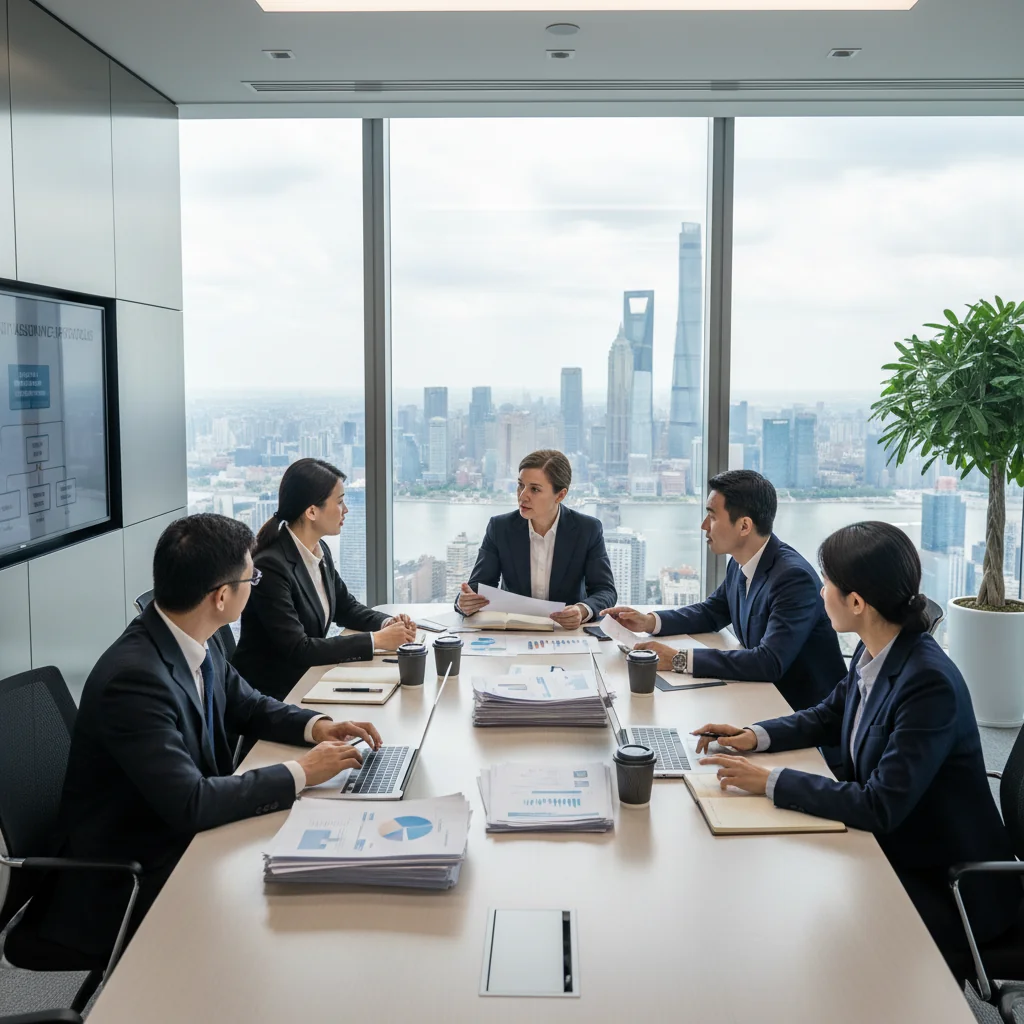 A professional office environment in a modern Chinese corporate building, symbolizing quality assurance and meticulous document management. The scene features a diverse group of adult business professionals in suits reviewing charts and reports on a conference table, with subtle Chinese cultural elements like a city skyline view from large windows, emphasizing reliability and precision in corporate standards.