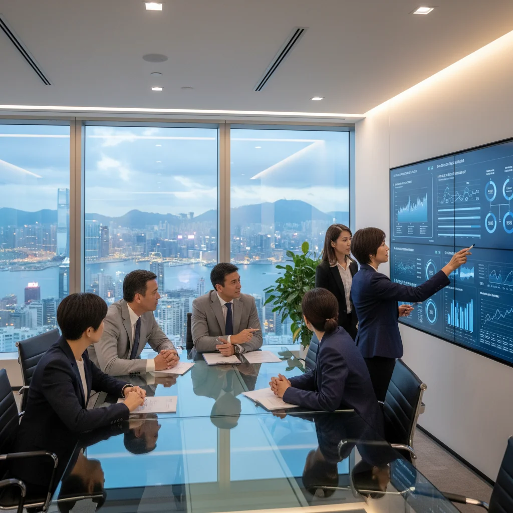A photorealistic image of a professional business meeting in a modern Hong Kong office, with diverse adult professionals discussing quality assurance strategies around a conference table, overlooking the city skyline, symbolizing corporate document management and compliance without showing any documents or children.