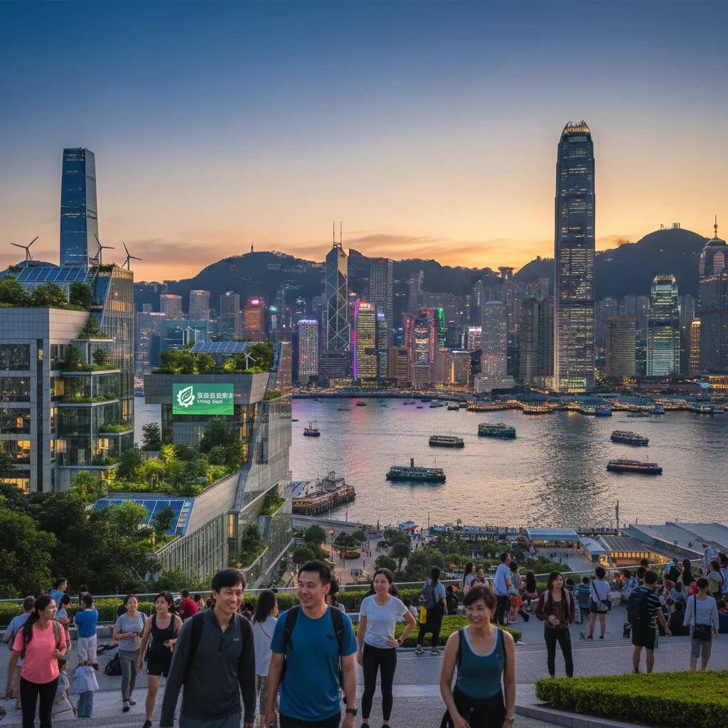 A photorealistic image of a modern Hong Kong skyline at dusk, featuring iconic buildings like the IFC and Bank of China Tower illuminated against a vibrant sky, symbolizing progress and sustainability. In the foreground, subtle elements like green rooftops and wind turbines on buildings represent ESG principles of environmental stewardship, social responsibility, and governance in a corporate context, evoking trends and best practices in ESG reporting for 2023.