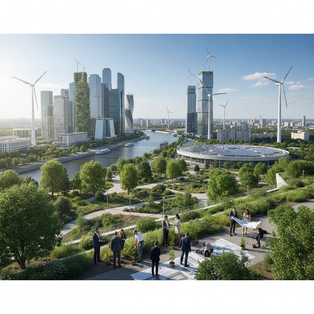 A photorealistic image symbolizing sustainable development in Russia, featuring a modern Russian cityscape with green parks, solar panels on buildings, clean rivers, and diverse professionals collaborating on eco-friendly projects, evoking responsibility and progress without focusing on documents.