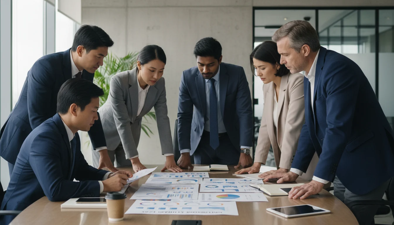 Business professionals reviewing sustainability report.