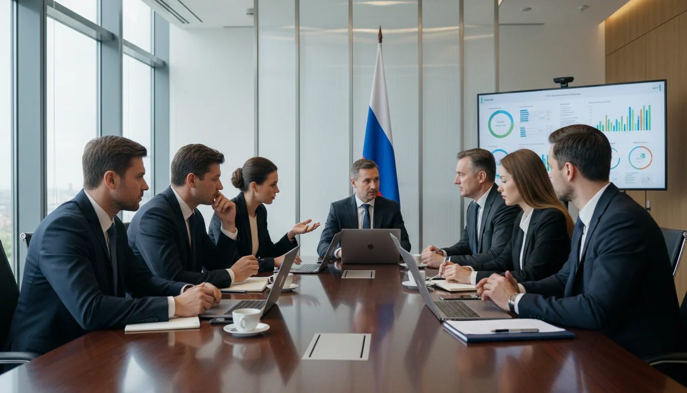 Corporate team discussing ESG strategies in meeting.