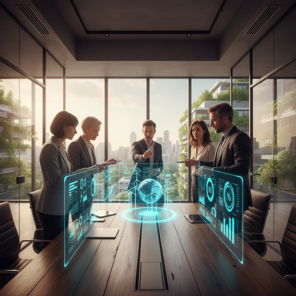 A photorealistic image of a diverse group of professional adults in a modern office setting, collaboratively reviewing ESG metrics on large digital screens, symbolizing sustainability and ethical business practices, with elements like green energy icons and global maps in the background, no children present.