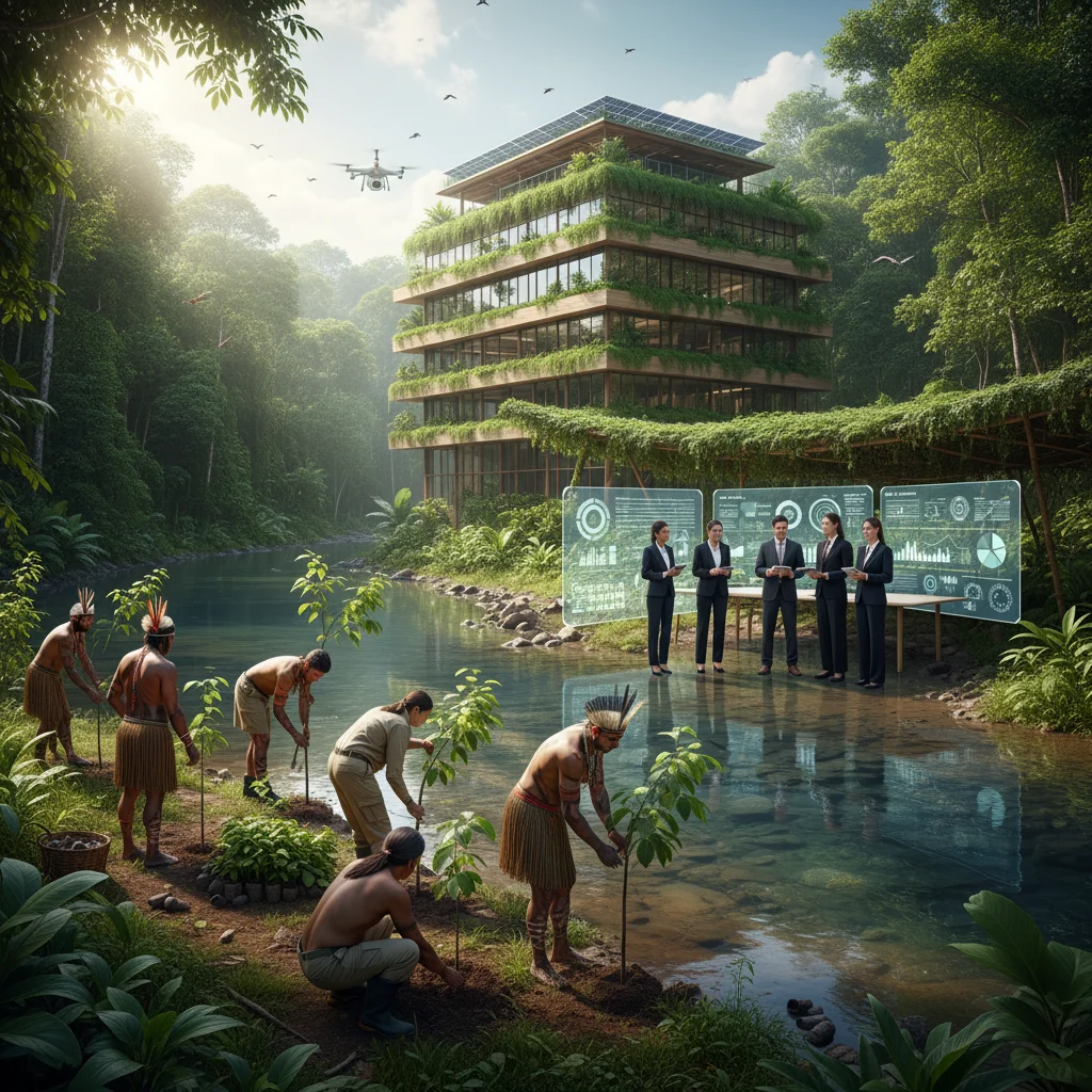 A photorealistic image depicting sustainable development in Brazil, featuring a lush rainforest landscape with indigenous adults planting trees, solar panels on a modern eco-friendly building in the background, and diverse professionals in business attire reviewing environmental data on tablets, symbolizing corporate sustainability efforts. No children present.