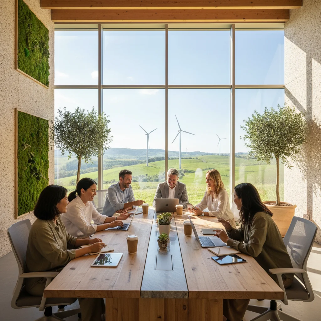 A photorealistic image representing successful sustainability in Italy, featuring a diverse group of adult professionals in a modern Italian office setting, surrounded by green plants and renewable energy elements like solar panels visible through windows, symbolizing environmental responsibility and corporate success, with Italian landmarks subtly in the background.
