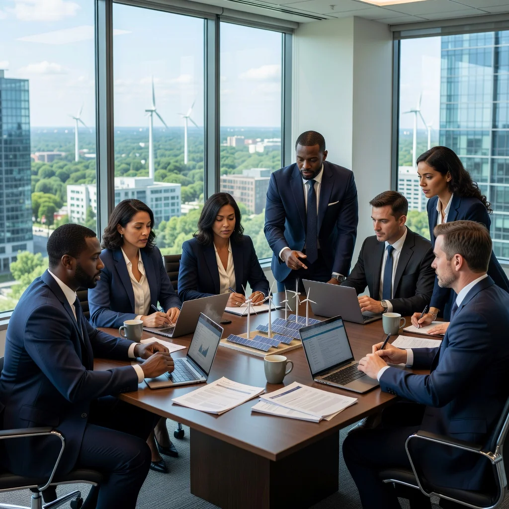 A photorealistic image of a diverse group of adult professionals in a modern office setting, collaborating on sustainable business initiatives, with elements like green plants, solar panels visible through windows, and charts showing environmental data on screens, symbolizing ESG reporting without focusing on documents.