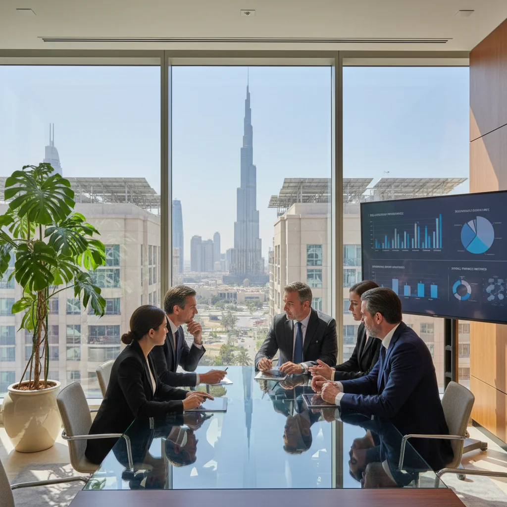 A photorealistic image depicting sustainable investment in the UAE, showing a diverse group of professional adults in a modern Dubai office overlooking the Burj Khalifa, examining ESG reports on digital screens with green energy icons and UAE skyline in the background, symbolizing the impact of ESG on investments.