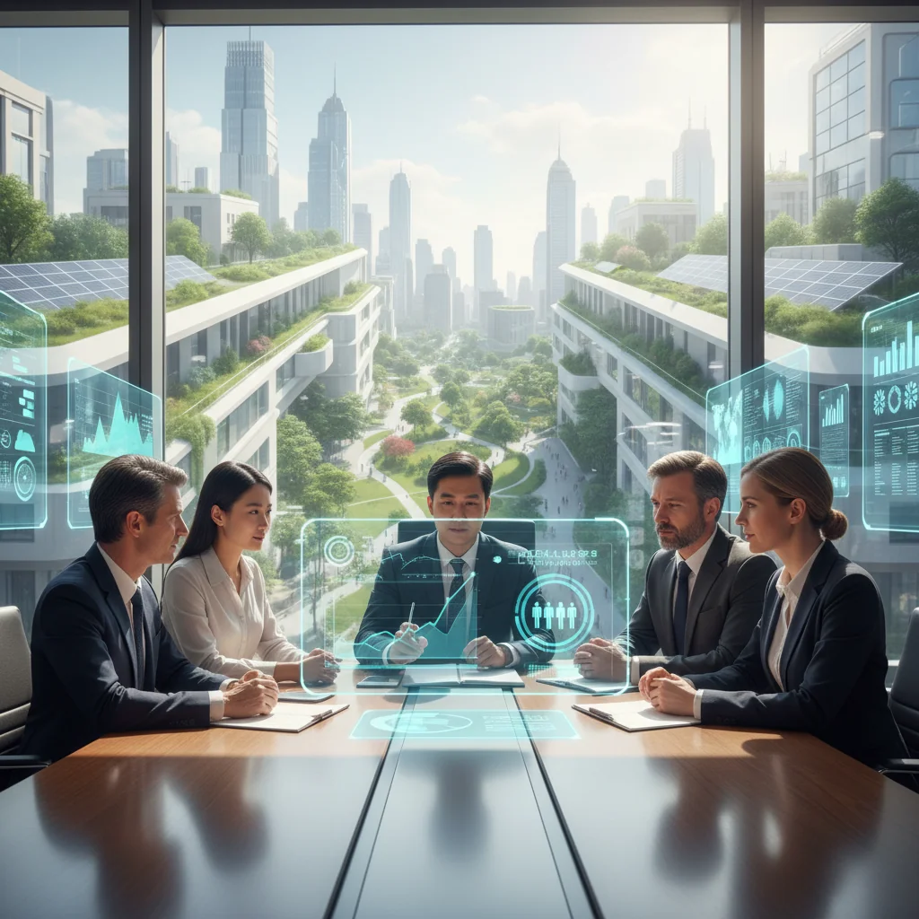 A photorealistic image of a diverse group of professional adults in a modern conference room, collaboratively reviewing ESG metrics on large digital screens, symbolizing sustainable business practices in China, with elements like green energy icons and growth charts in the background, conveying guidance from entry to advanced levels in ESG reporting.