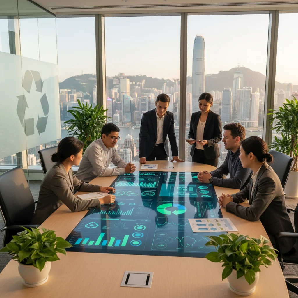 A photorealistic image of a diverse group of professional adults in a modern Hong Kong office setting, collaborating on sustainable business practices. They are reviewing charts on environmental conservation, social responsibility initiatives, and corporate governance strategies, with subtle Hong Kong skyline visible through large windows in the background, symbolizing the integration of ESG principles in urban business environment. No children are present.