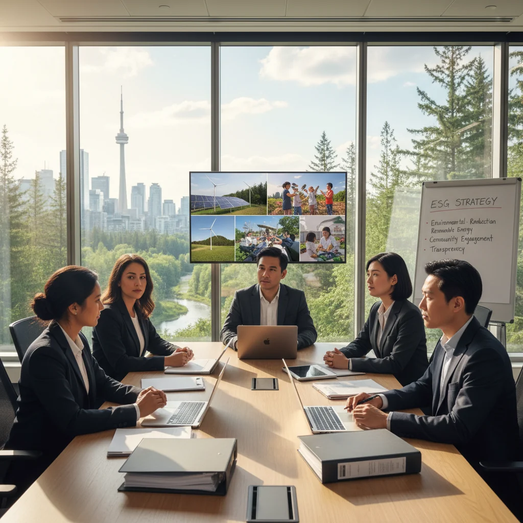 A photorealistic image of a diverse group of professional adults in a modern Canadian office setting, engaged in a collaborative meeting discussing environmental, social, and governance topics. They are reviewing charts and maps showing sustainable practices like renewable energy and community initiatives, with elements like maple leaves or Canadian landmarks subtly in the background to evoke Canada. No children are present. The image is photorealistic, not a graphic or drawing.