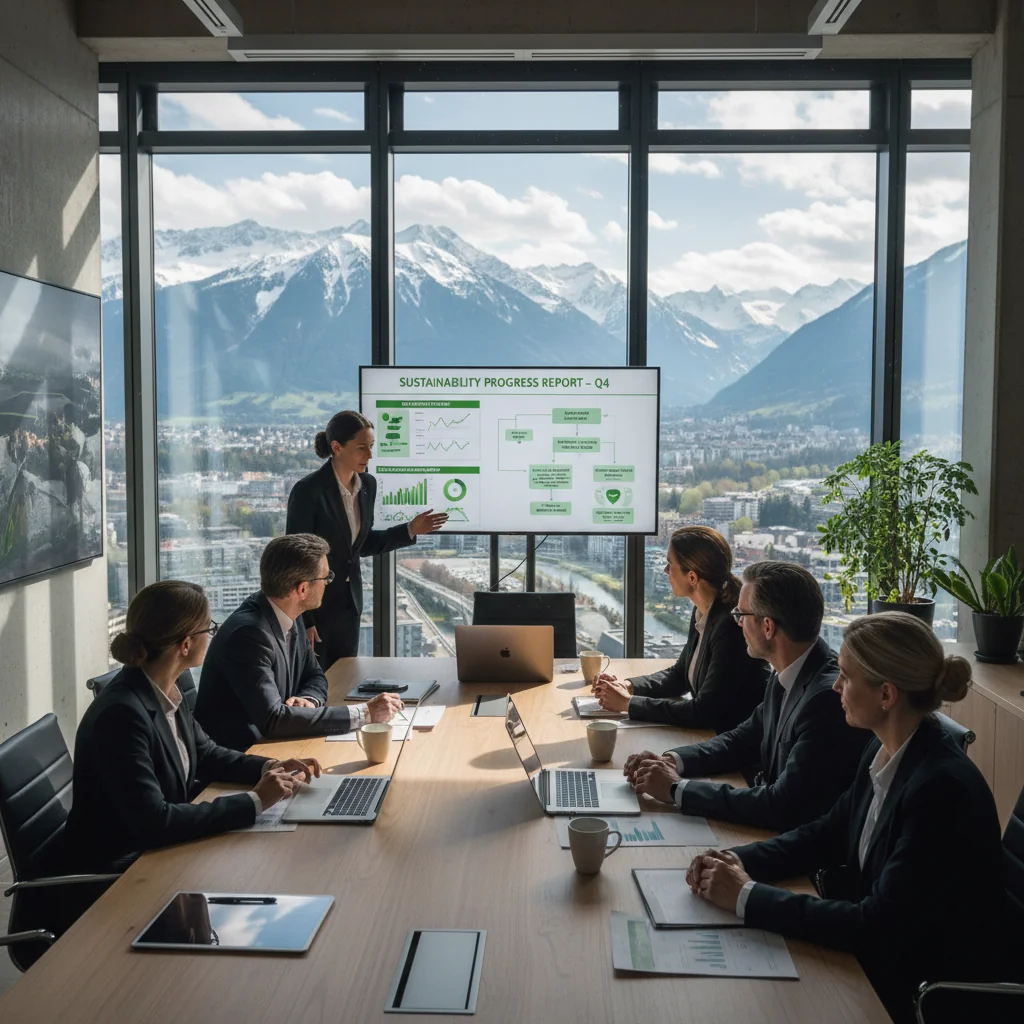 A photorealistic image of a professional business meeting in a modern Swiss office, with diverse adults discussing sustainability reports around a table with charts on environmental metrics, symbolizing legal compliance and sustainable business practices in Switzerland, no children present.