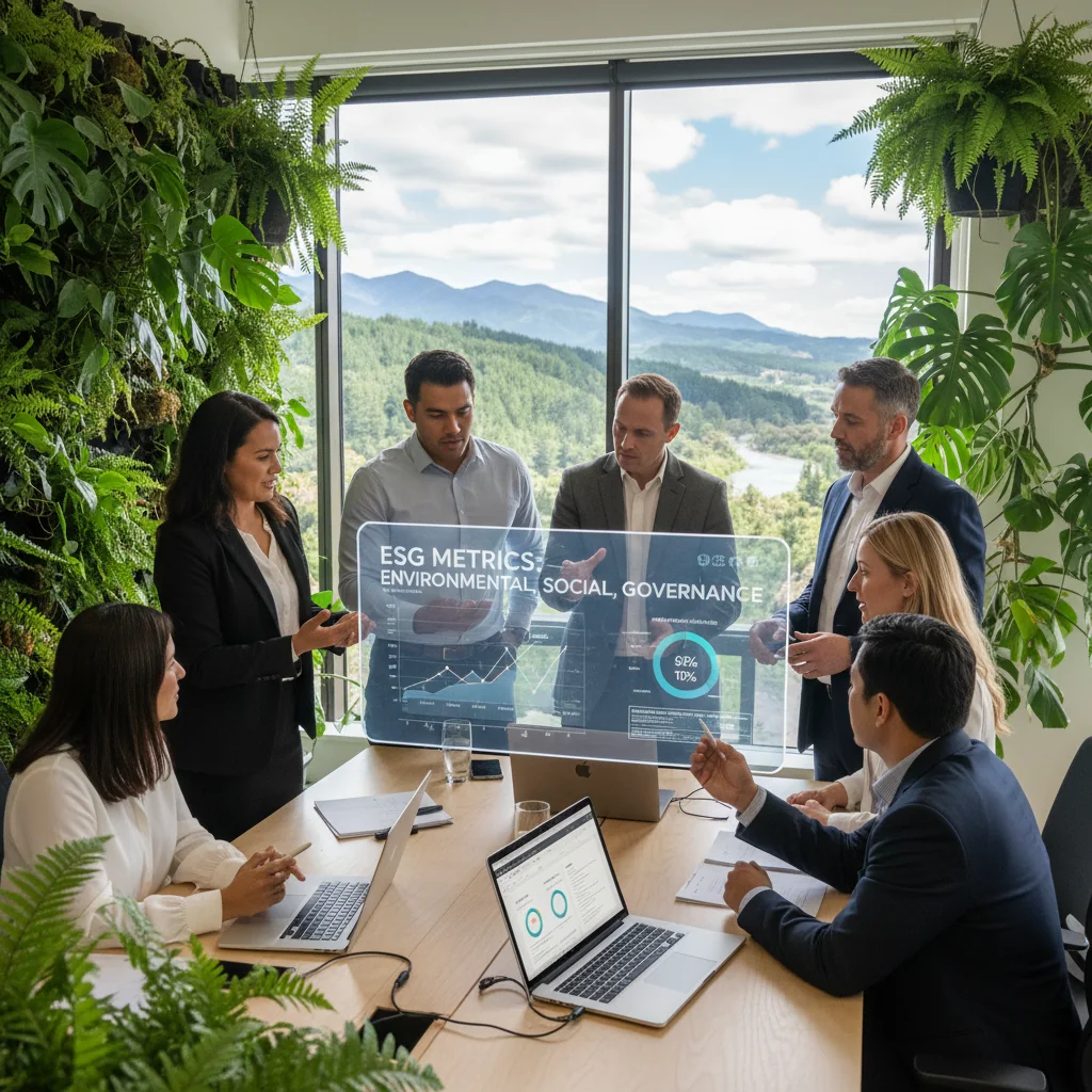 A photorealistic image of a diverse group of professional adults in a modern New Zealand office setting, collaboratively reviewing ESG data on large digital screens, with subtle New Zealand landscape elements like green hills visible through windows, symbolizing environmental, social, and governance focus in business reporting. No children present.