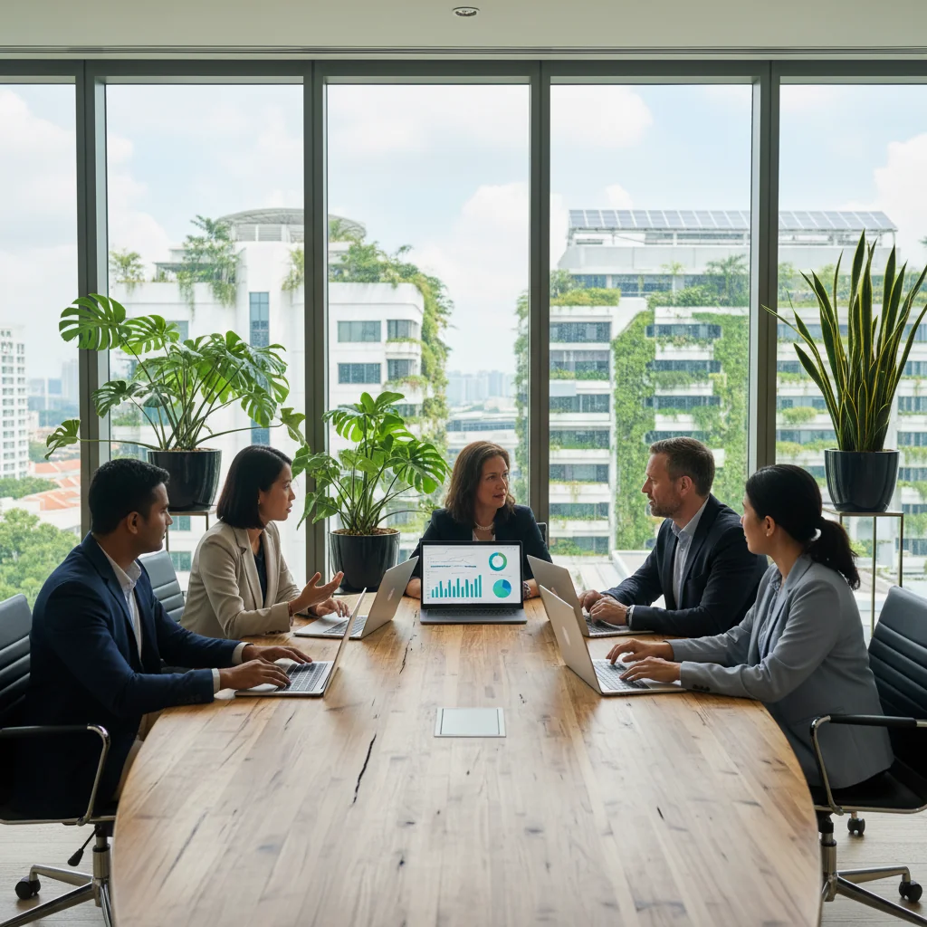 A photorealistic image of a diverse group of professional adults in a modern Singapore office, collaborating on sustainable business practices, with elements like green plants, solar panels visible through windows, and a city skyline in the background representing environmental, social, and governance progress.