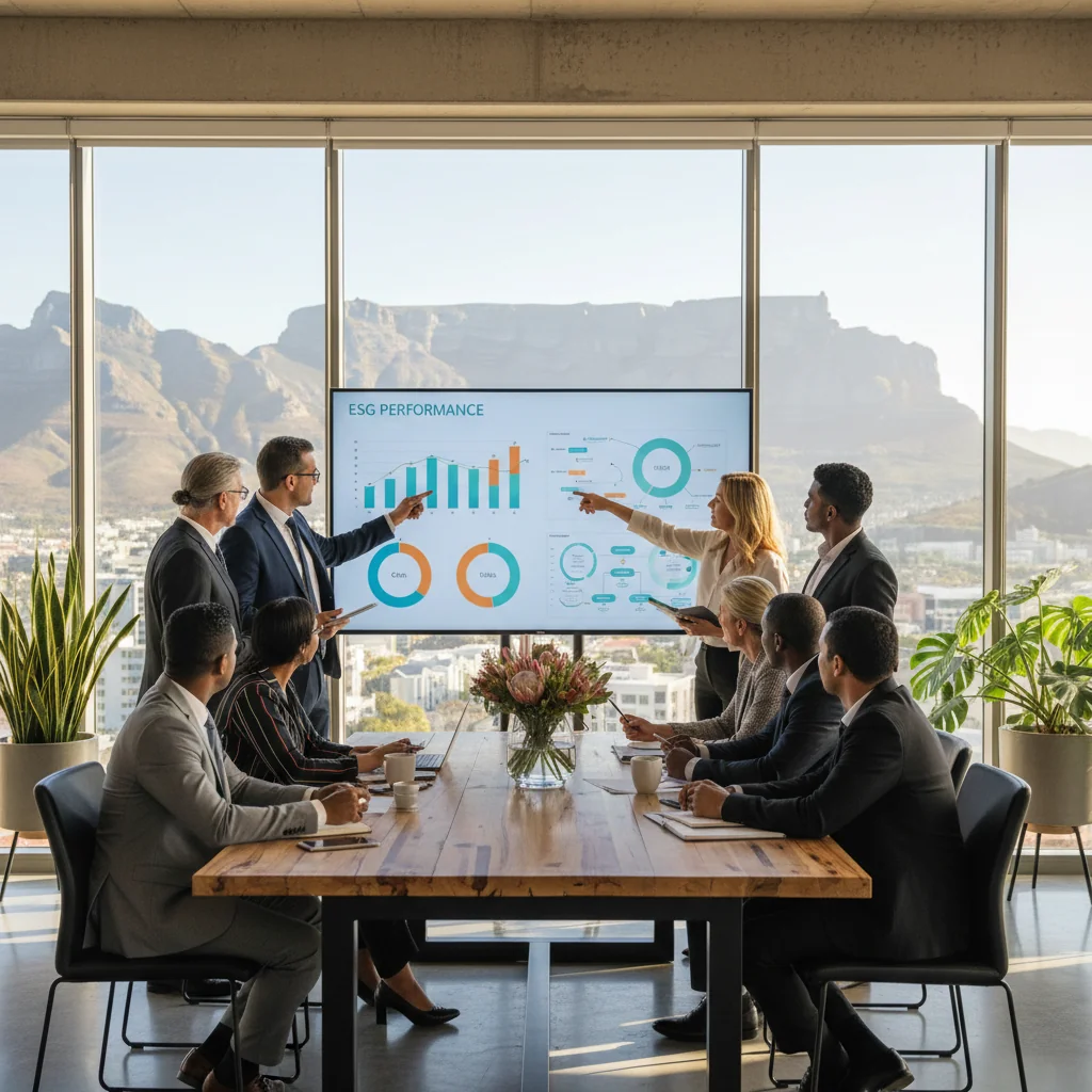 A photorealistic image of diverse South African professionals in a modern office setting, collaboratively reviewing ESG data on large digital screens, symbolizing transparency, sustainability, and ethical business practices in South Africa, with elements like green energy icons and natural landscapes in the background.