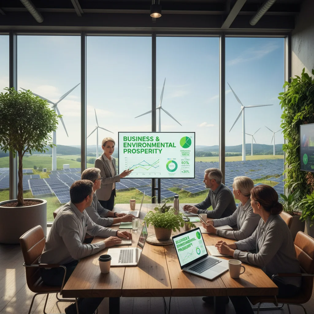 A photorealistic image of a diverse group of professionals in a modern office setting, reviewing sustainability data on large screens showing green energy charts, renewable energy sources like wind turbines and solar panels visible through the window, symbolizing environmental responsibility and corporate sustainability reporting, no children present.