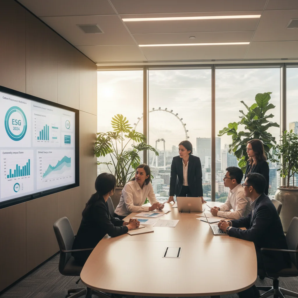 A photorealistic image of a diverse group of professional adults in a modern Singapore office, engaged in a collaborative meeting discussing sustainability charts on a digital screen, with elements like green plants and city skyline view representing ESG principles, no children present.