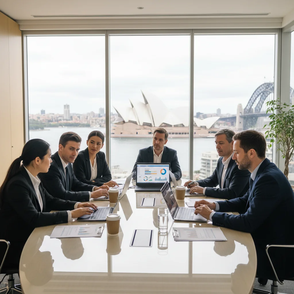 A photorealistic image of a diverse group of professionals in a modern Australian office, collaboratively reviewing ESG reports on laptops, symbolizing compliance and preparation with environmental, social, and governance standards, with subtle Australian elements like Sydney Opera House in the background view.
