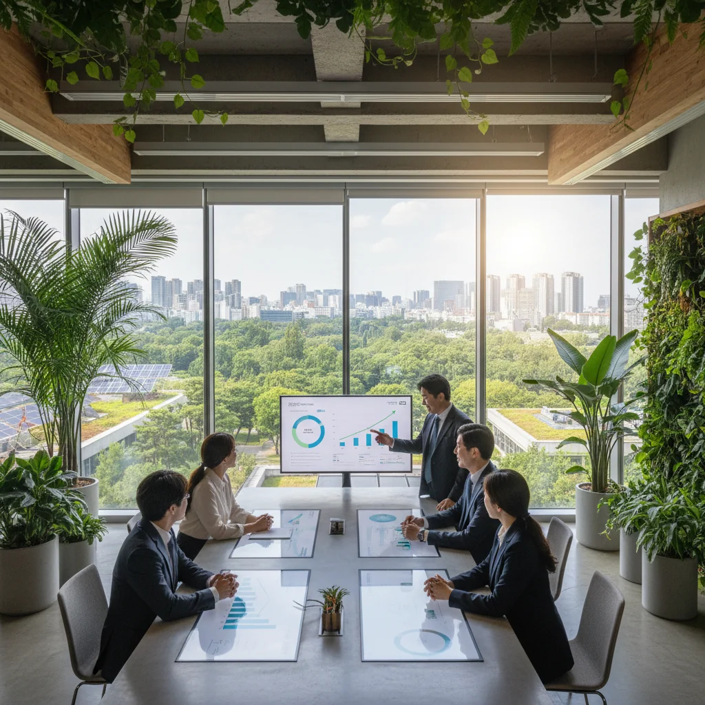 A photorealistic image representing the essence of ESG trends in Korea, featuring a diverse group of professional adults in a modern sustainable office environment, surrounded by elements like solar panels, green plants, and digital charts showing positive environmental and social impacts, evoking progress and responsibility in 2024.