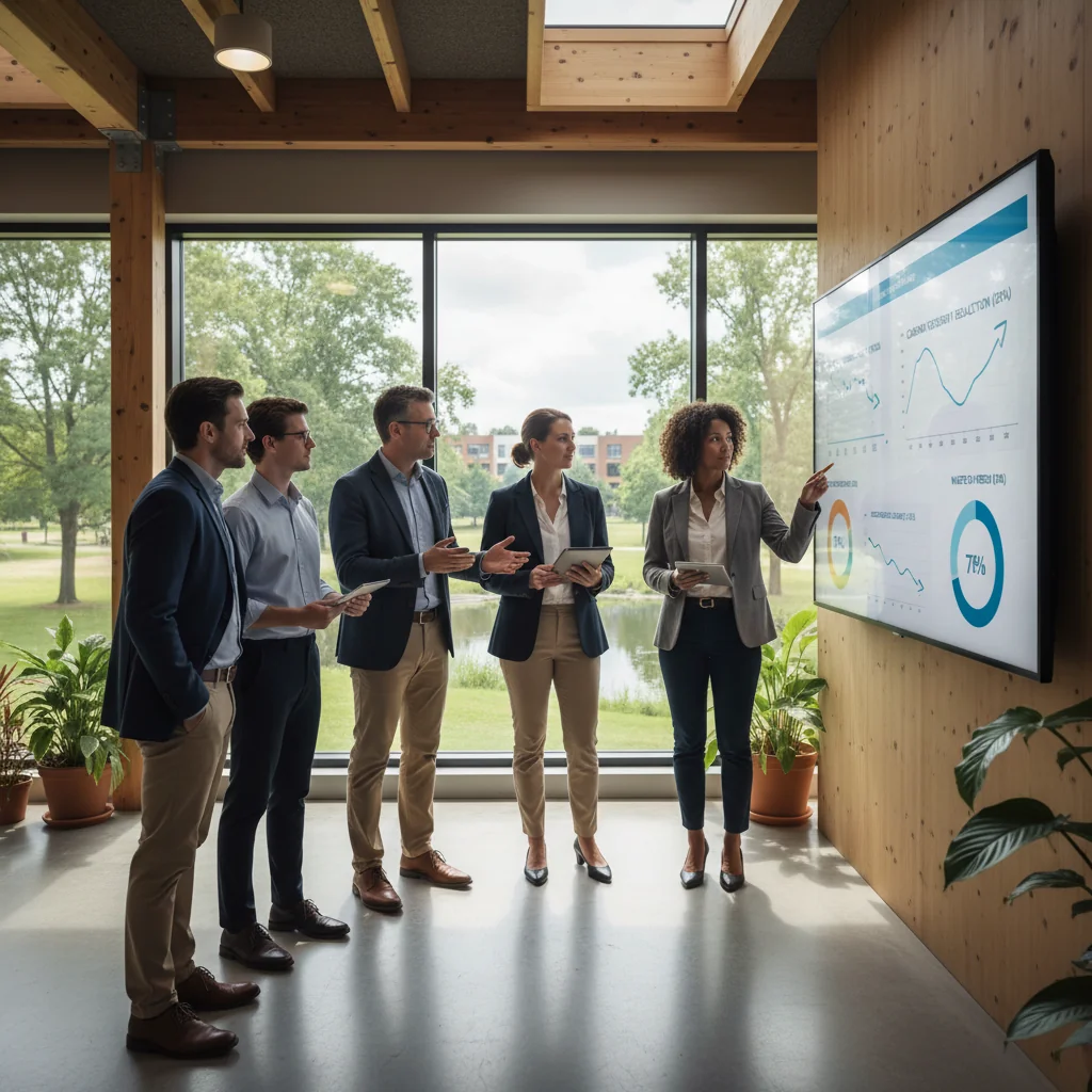 A photorealistic image of a diverse group of professionals in a modern office setting, collaboratively reviewing sustainability metrics on a large digital screen displaying green energy charts and environmental data, symbolizing effective sustainability reporting. The atmosphere is positive and innovative, with natural light and plants in the background, emphasizing eco-friendliness. No children are present in the image.