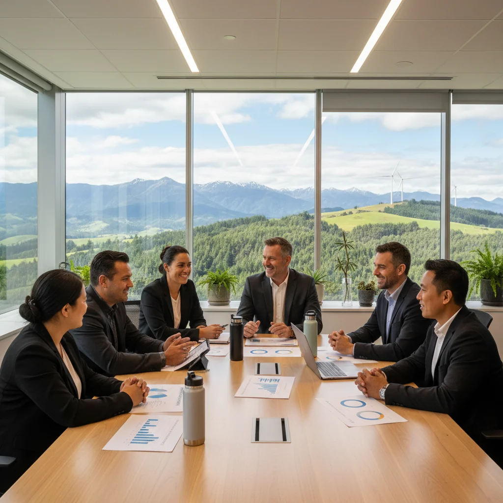A photorealistic image depicting the positive impact of ESG reporting on New Zealand businesses, showing diverse adult professionals in a modern office overlooking a scenic New Zealand landscape with green hills and mountains, symbolizing sustainability, environmental responsibility, social equity, and good governance, with elements like solar panels on the building and a diverse team collaborating.