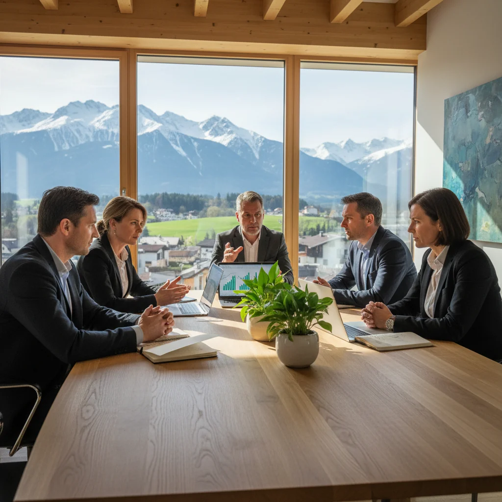 A photorealistic image of a professional business meeting in a modern Austrian office, where diverse adults are discussing sustainability reports and environmental strategies around a conference table with charts and green plants, symbolizing legal requirements for sustainability reporting in Austria. No children are present. The scene conveys responsibility, compliance, and eco-friendliness.
