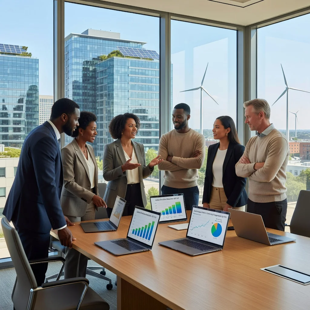 A photorealistic image depicting the impact of ESG reporting on US corporate sustainability, showing a diverse group of adult professionals in a modern office setting collaborating on sustainable initiatives, such as reviewing green energy charts on a digital screen, with elements like solar panels visible through the window, symbolizing environmental, social, and governance progress. No children are present. The image is photorealistic, not a graphic or drawing.