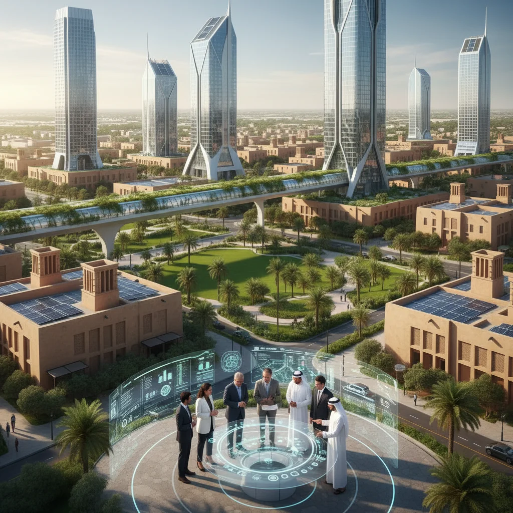 A photorealistic hero image representing environmental, social, and governance sustainability in Saudi Arabia, featuring a diverse group of adults in a modern sustainable cityscape with solar panels, green parks, and traditional Saudi architecture under a clear blue sky, symbolizing progress and harmony.