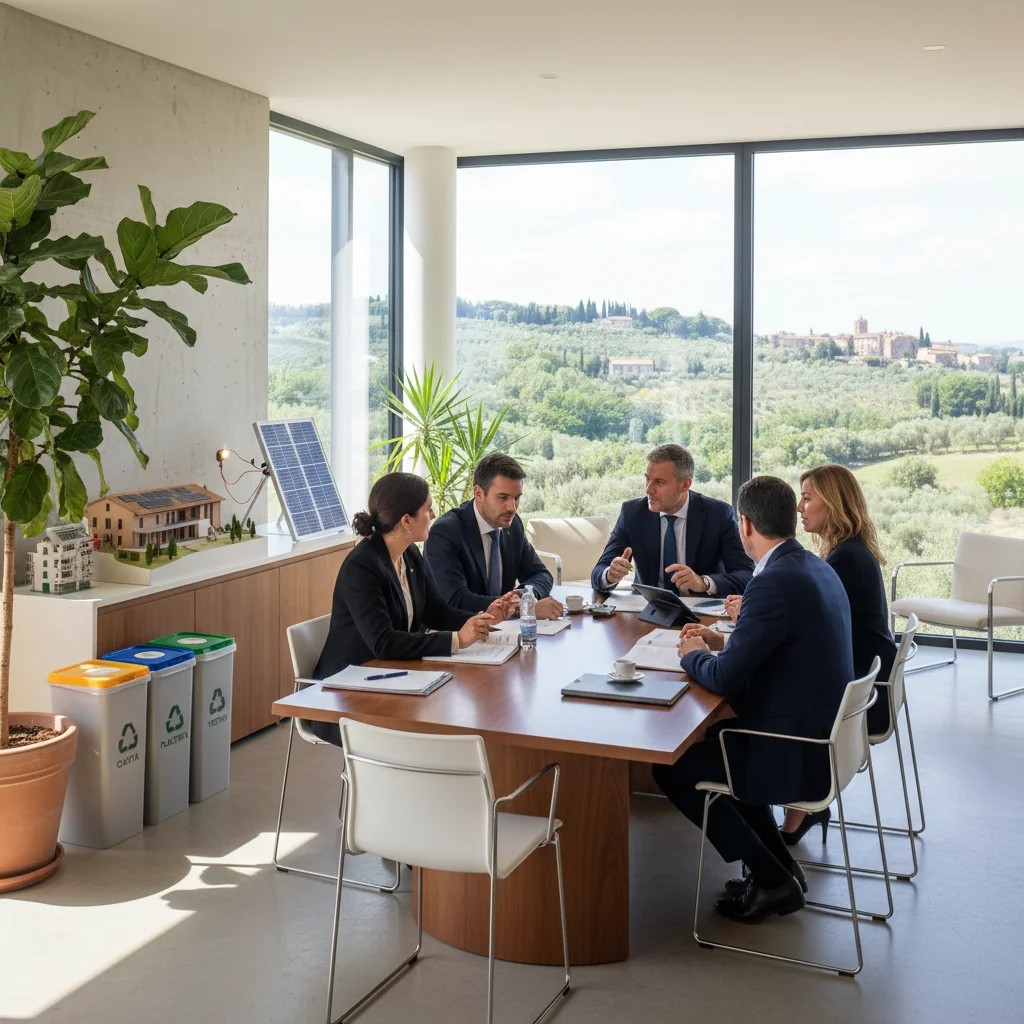A photorealistic image of a diverse group of professionals in a modern office setting, collaboratively reviewing sustainability reports on laptops, with green plants and eco-friendly elements in the background, symbolizing environmental responsibility and compliance with Italian sustainability norms. No children are present.