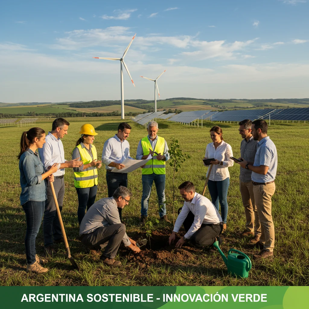 A photorealistic image depicting sustainable practices in Argentina, featuring a diverse group of adult professionals in a lush green landscape, planting trees and using renewable energy sources like solar panels, with the Argentine flag subtly in the background, symbolizing environmental and social sustainability efforts.