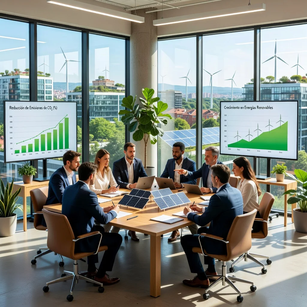 A photorealistic hero image representing the benefits of sustainability reports for Spanish companies, showing a diverse group of adult professionals in a modern Spanish office setting, collaborating on green initiatives with elements like renewable energy models, eco-friendly charts on screens, and natural light from large windows overlooking a sustainable urban landscape, evoking growth, responsibility, and environmental harmony.