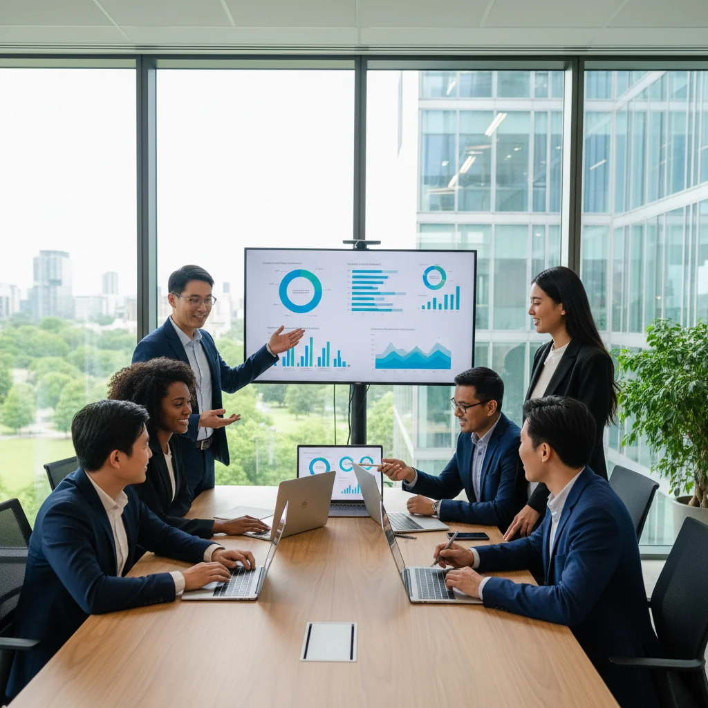 A photorealistic image of a diverse group of professional adults in a modern UK office setting, collaboratively reviewing ESG metrics on large digital screens, symbolizing transparency and sustainability in corporate reporting, with elements like green energy icons and balanced scales representing environmental, social, and governance aspects.