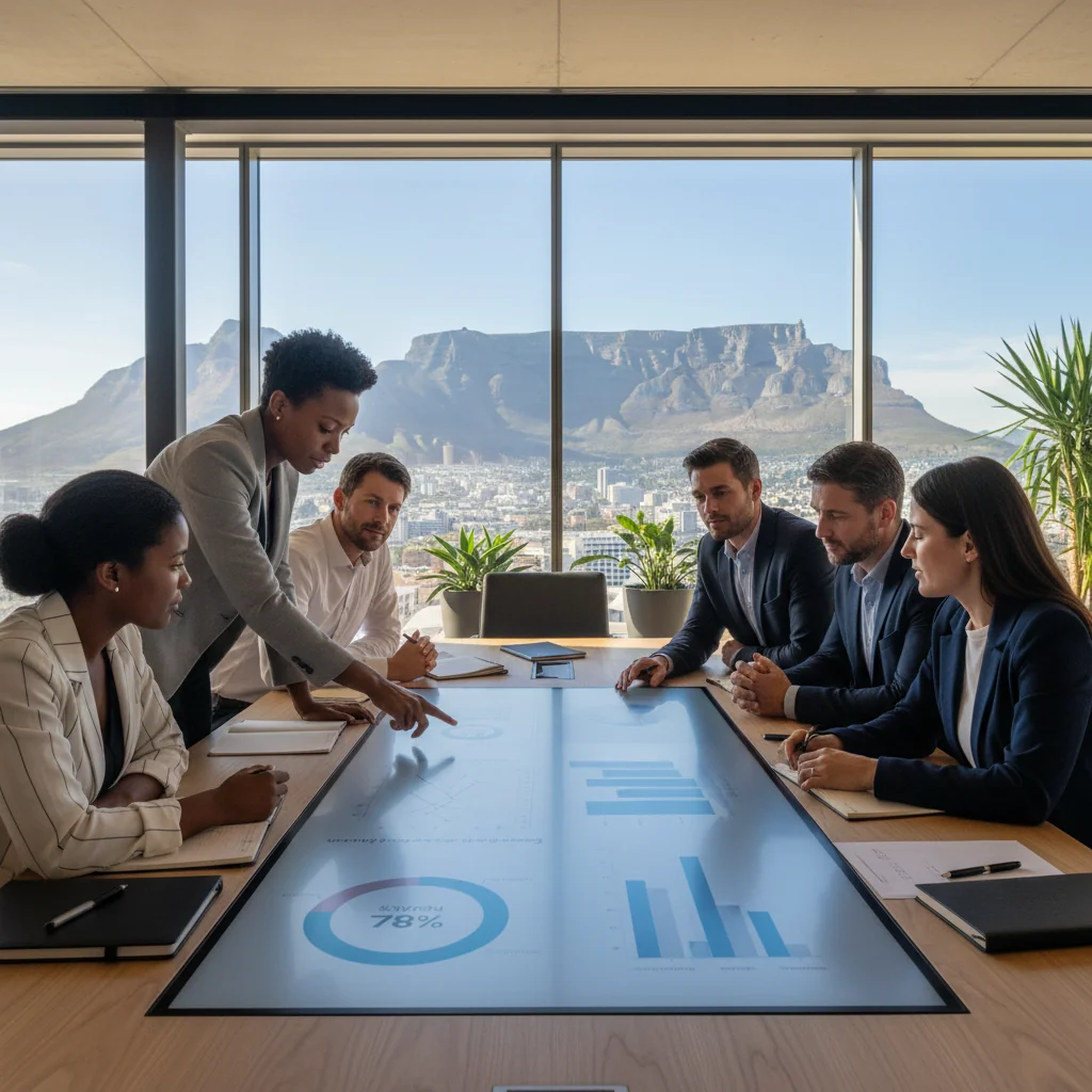 A photorealistic image of a diverse group of South African professionals in a modern office setting, collaboratively reviewing ESG data on a large screen, symbolizing sustainability and corporate responsibility in the South African context.