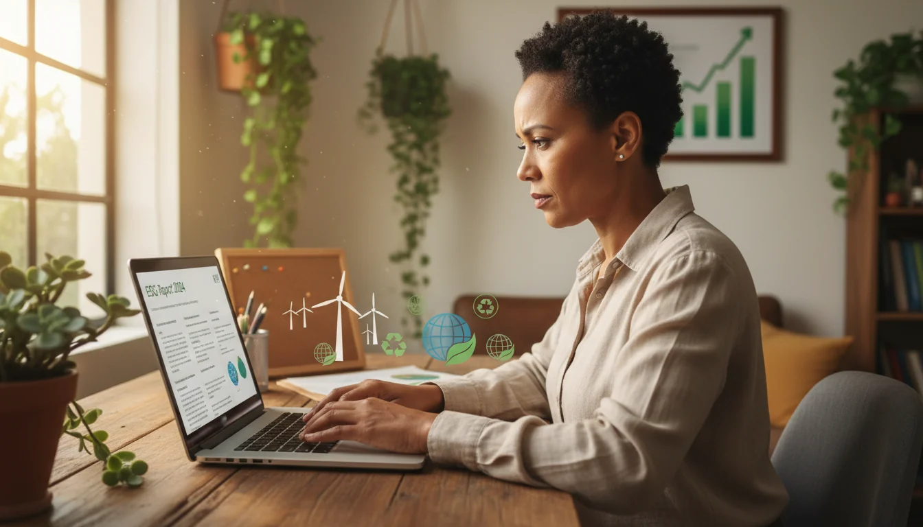 Writing ESG report on laptop.