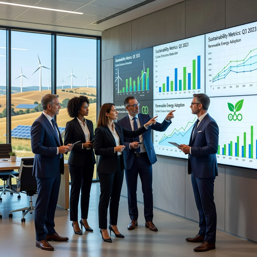 A photorealistic hero image representing sustainability in Spain, featuring a diverse group of professionals in a modern office reviewing environmental data on large screens, with subtle Spanish landmarks like wind turbines in the background, symbolizing corporate commitment to sustainability reporting without focusing on documents.