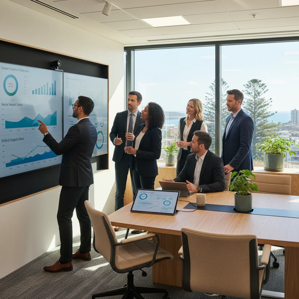 A photorealistic image of a diverse group of professional adults in a modern Australian office setting, reviewing ESG data on large screens, symbolizing transparency and sustainability in business reporting, with Australian landscape elements in the background like the Sydney Opera House or outback views, conveying environmental, social, and governance themes without focusing on documents.