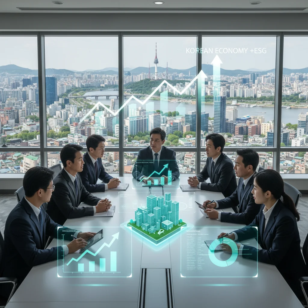A photorealistic image depicting the positive impact of ESG reporting on the Korean economy, showing a diverse group of professional adults in a modern Seoul business district, with elements like sustainable urban development, green energy symbols, and economic growth indicators such as rising stock charts on digital screens, conveying prosperity and environmental responsibility.