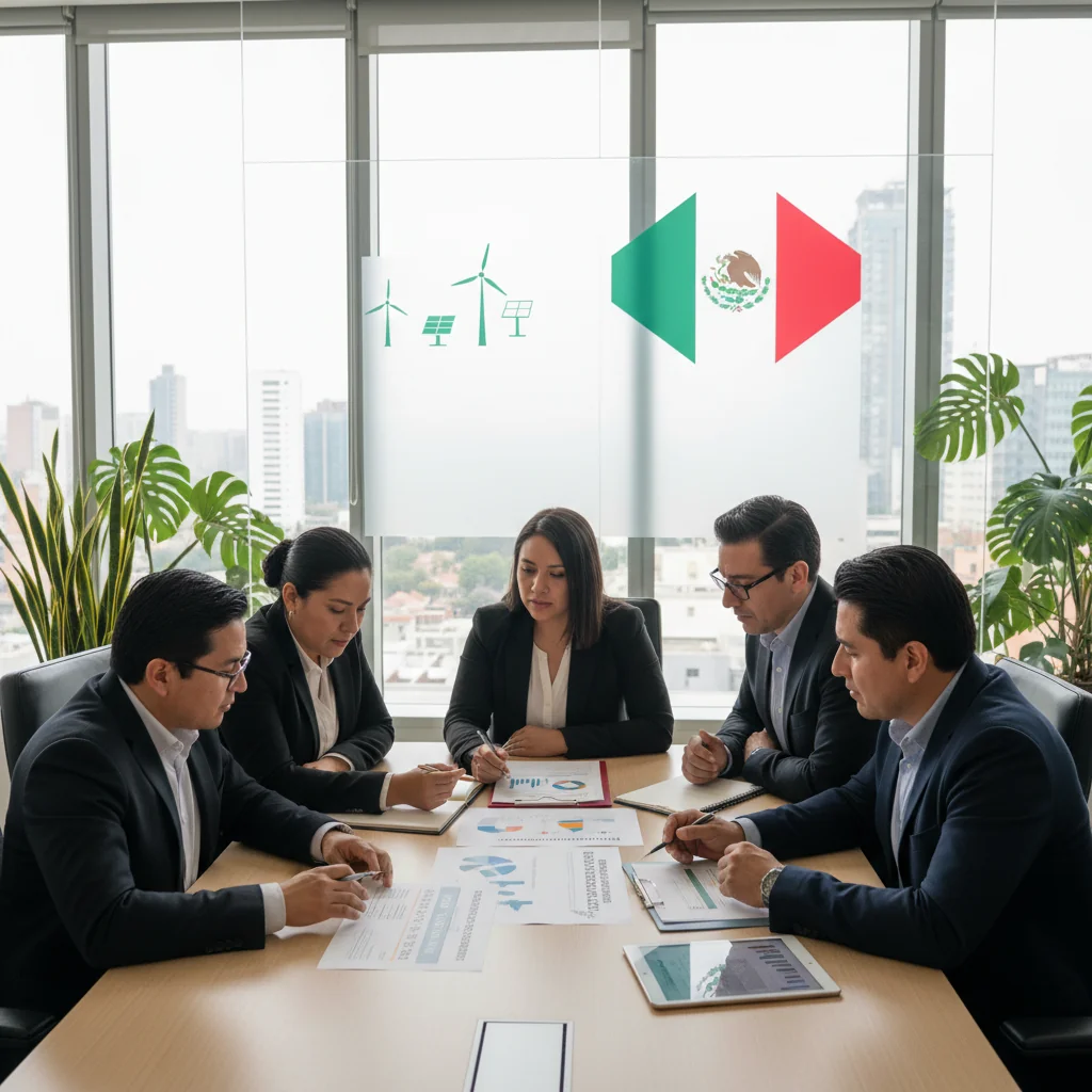 A photorealistic image representing sustainability and legal compliance in Mexico, featuring a diverse group of adult professionals in a modern office reviewing environmental reports with Mexican flags and green eco-friendly elements in the background, symbolizing regulatory adherence to sustainability reporting.