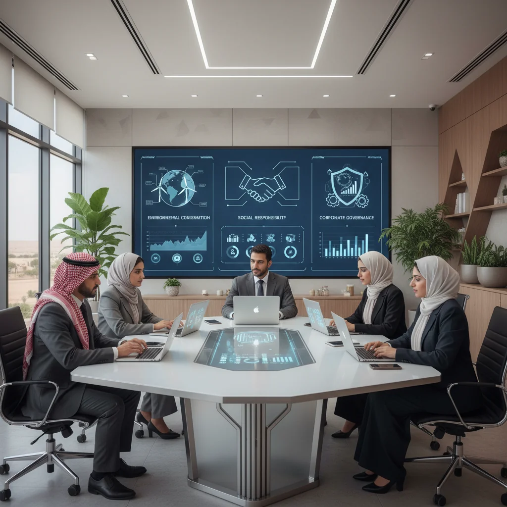 A photorealistic image of a diverse group of professional adults in a modern Saudi Arabian corporate office, discussing and reviewing ESG sustainability reports on digital tablets and screens, symbolizing commitment to environmental, social, and governance principles in Saudi companies, with subtle Saudi cultural elements like traditional attire blended with business suits, no children present.