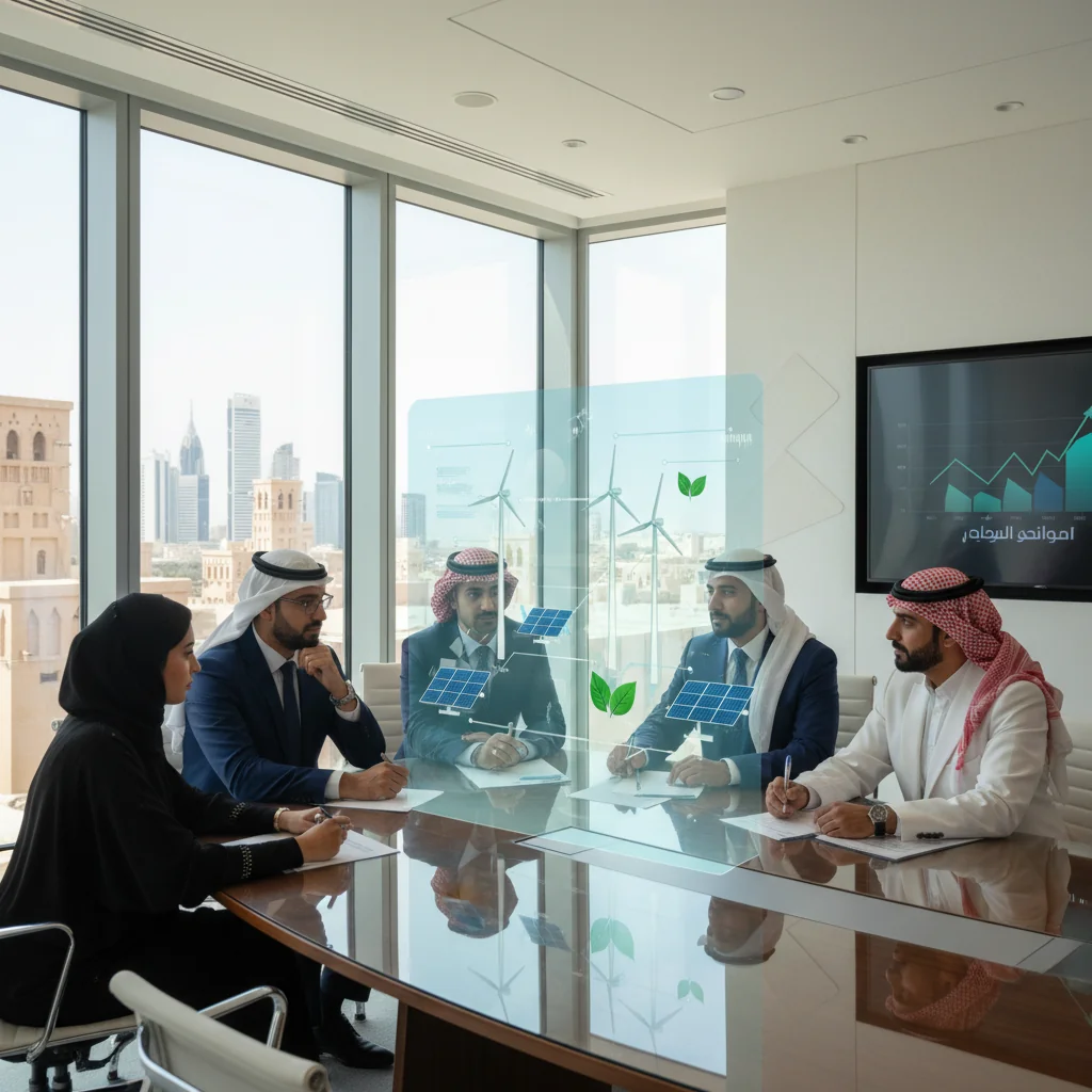 A photorealistic image representing sustainability in a Saudi Arabian context, featuring diverse adult professionals in a modern office setting reviewing green energy charts and environmental reports on large screens, with subtle Saudi cultural elements like traditional attire or desert landscape in the background, symbolizing sustainable business practices without focusing on documents.