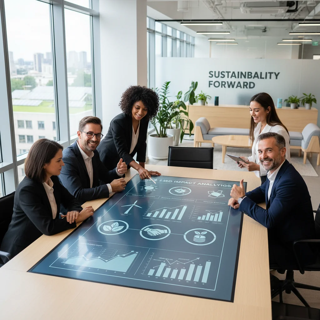 A photorealistic image of a diverse group of adult business professionals in a modern conference room, discussing and reviewing ESG reports on a large screen, with charts showing sustainable growth and green investments, symbolizing how ESG reporting enhances attractiveness for sustainable investments. No children present.